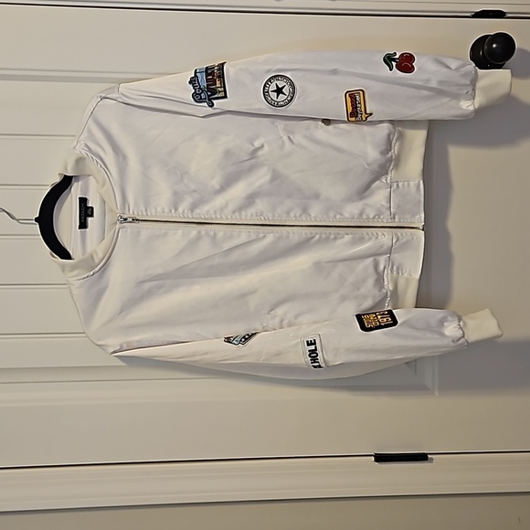 White Bomber Jacket With Patches Size XL - Picture 1 of 8